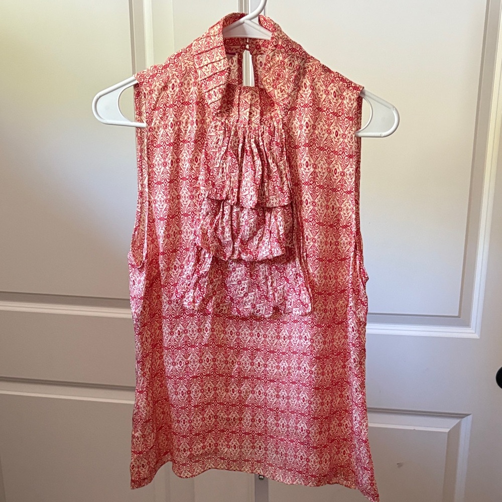 Original Penguin Red Silk Sleeveless Blouse with Ascot Details